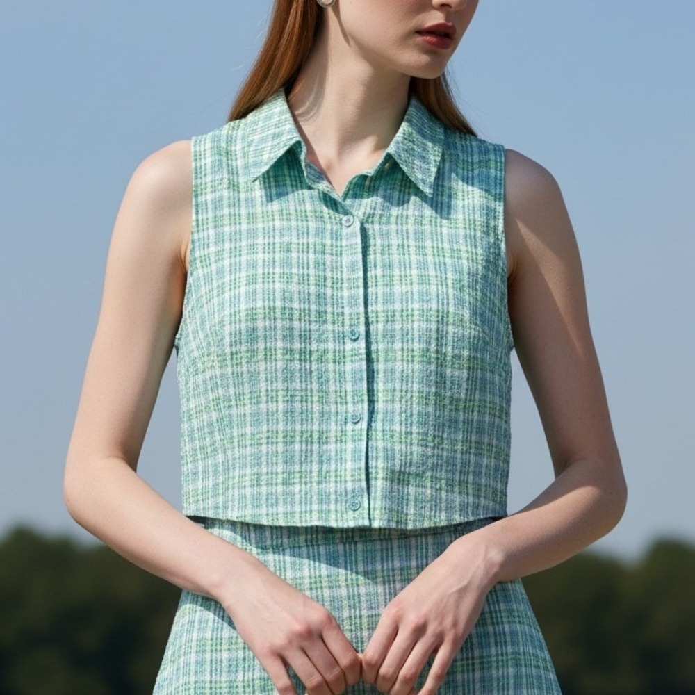 Le Lis Crop Top‎ Women Large Green Plaid Sleeveless Button-Down Preppy Summer